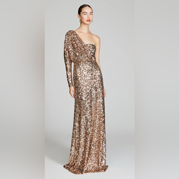Halston Heritage Gold Sequin One-Shoulder Dress - conticontadores.com.br